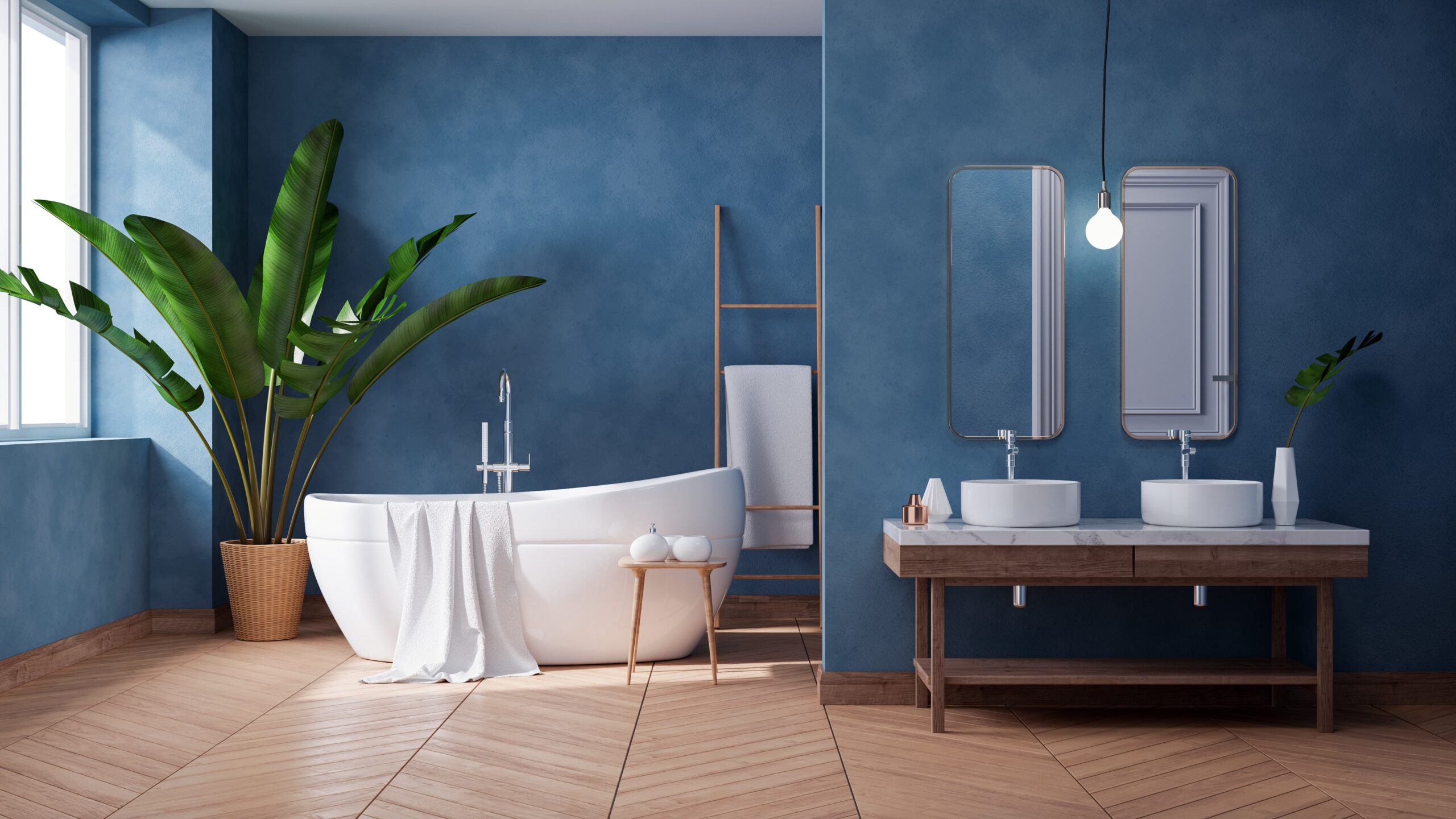 luxurious-modern-bathroom-interior-design-white-bathtub-grunge-dark-blue-wall-3d-render-min